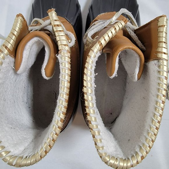 Jack Roger's  Chloe Size 9 Duck Boot Black Brown Gold Laced Fleece lined Rubber - Picture 2 of 7